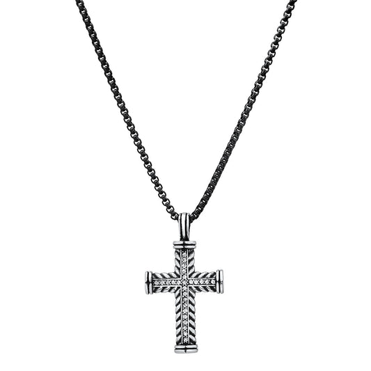 Two Tone Stainless Steel Braided Cross Pendant With Simulated Diamonds