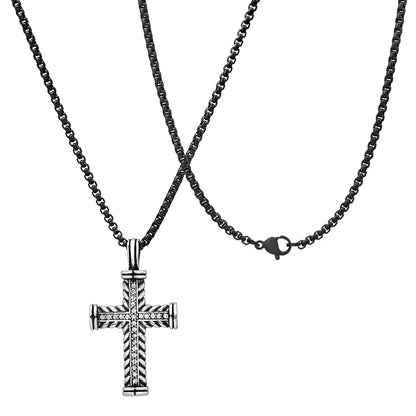 Two Tone Stainless Steel Braided Cross Pendant With Simulated Diamonds