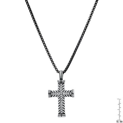 Two Tone Stainless Steel Braided Cross Pendant With Simulated Diamonds