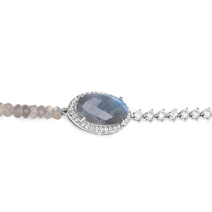Oval Labradorite Prong Silver Asymmetrical Faceted Bead Tennis Chain Bracelet