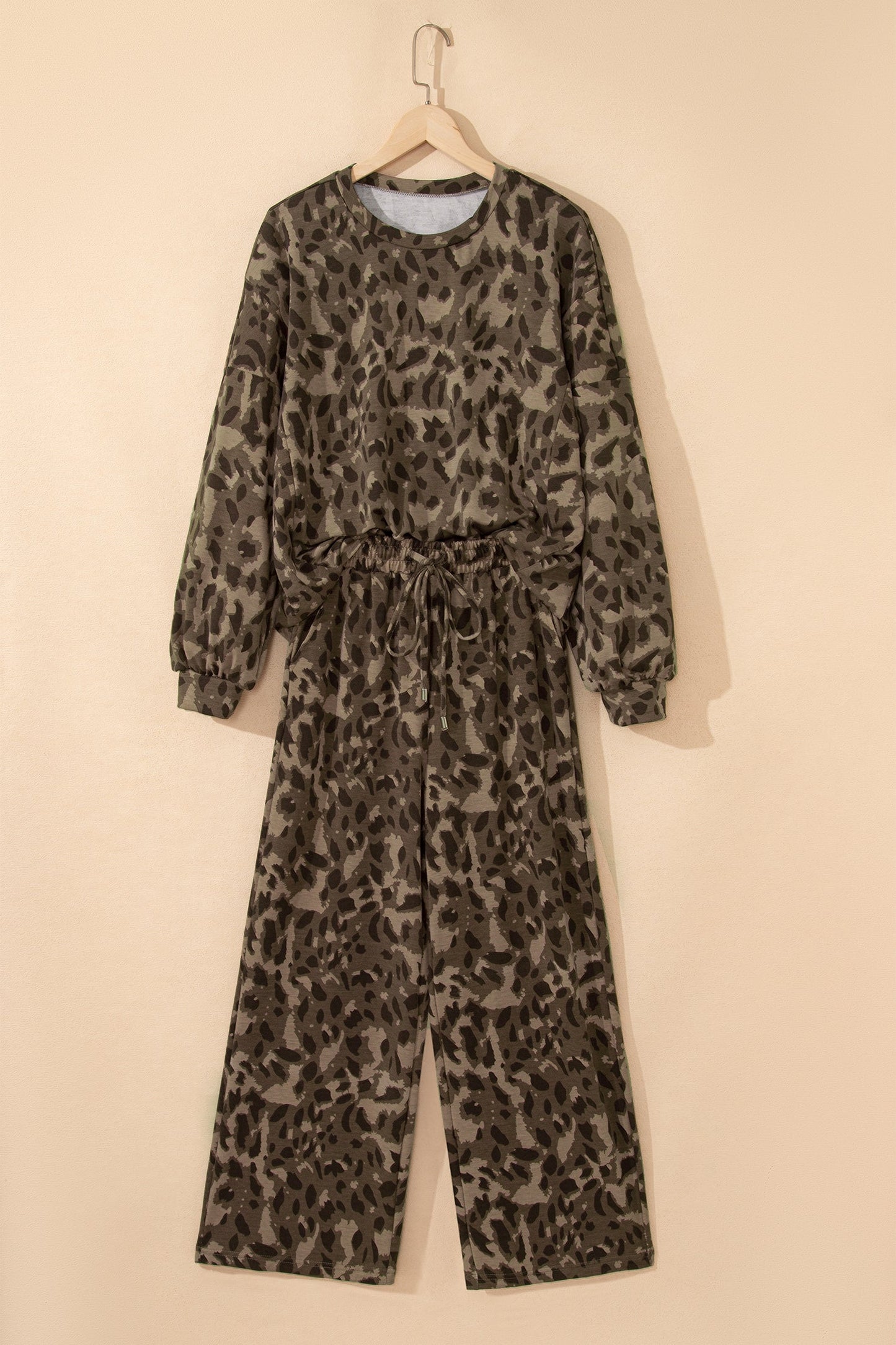 Threaded Pear Catherine Leopard Pullover Drawstring Loose Pant Set