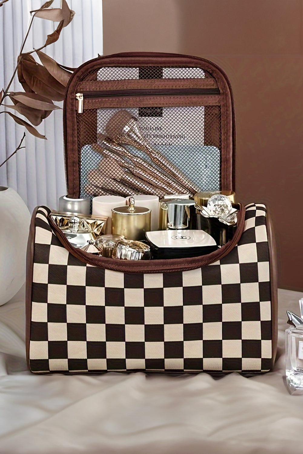 Threaded Pear Black Checkered Zipper Makeup Bag
