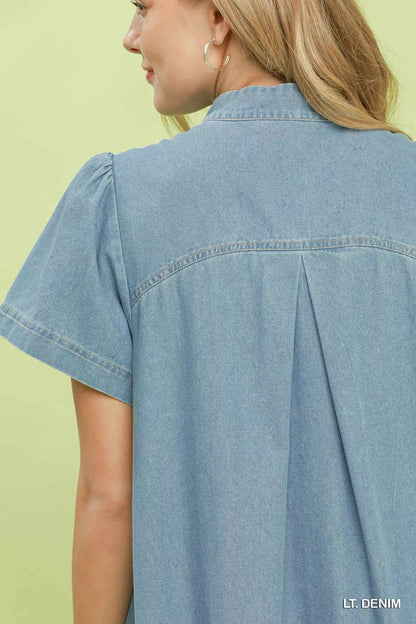 Umgee Ruffle Hem Mini Denim Dress in Denim