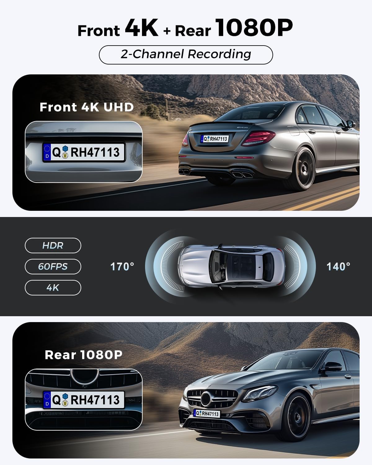 Jzones Dash Cam Front and Rear 4K Ultra HD