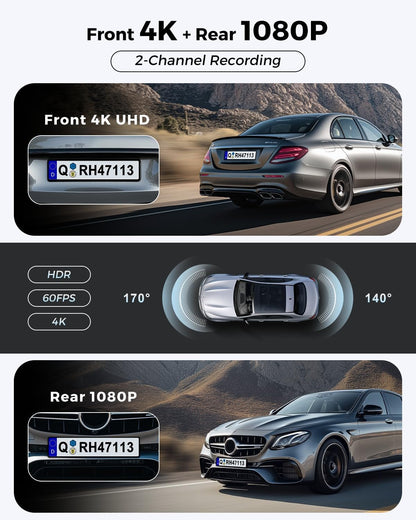 Jzones Dash Cam Front and Rear 4K Ultra HD