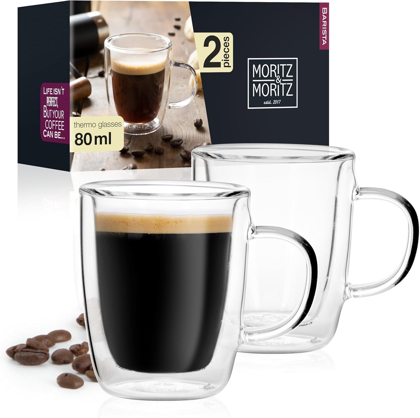 Moritz & Moritz Barista Double-Walled Coffee Glasses 2 x 2.7 oz | Espresso, Tea & Desserts