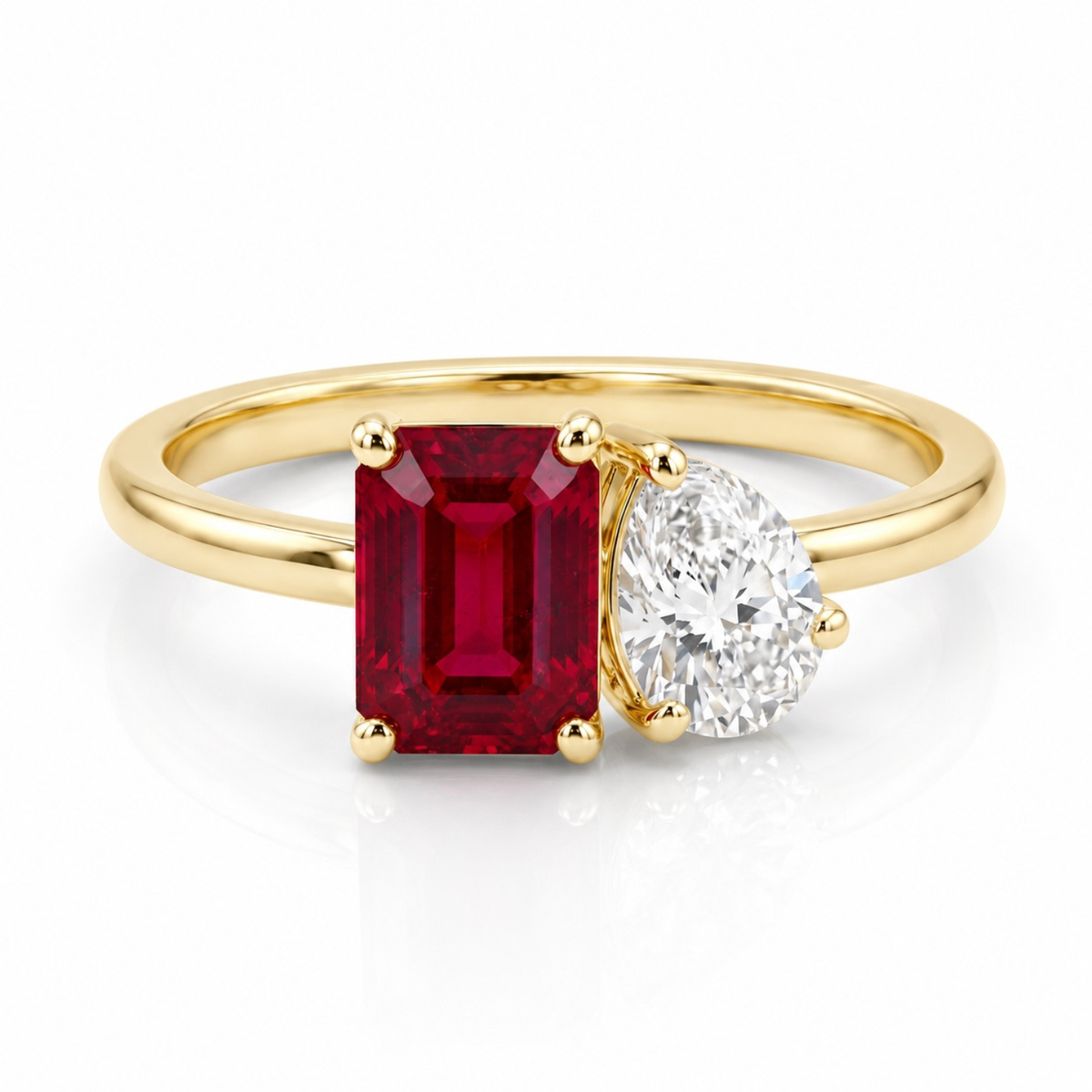 2.60 Cttw Octagon Emerald, Ruby, Sapphire and Lab Diamond 14K Yellow Gold Toi et Moi Ring