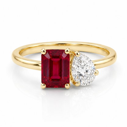 2.60 Cttw Octagon Emerald, Ruby, Sapphire and Lab Diamond 14K Yellow Gold Toi et Moi Ring