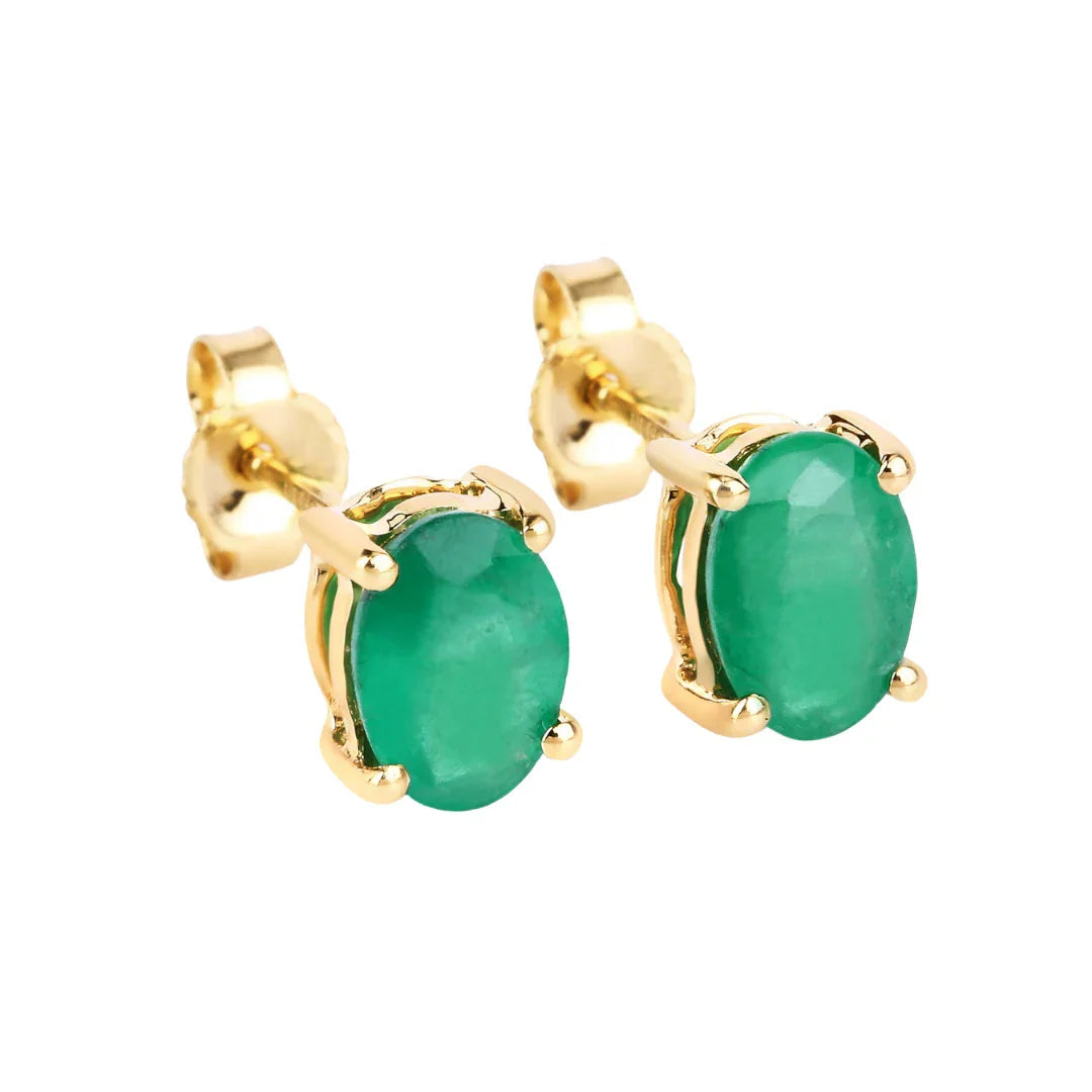 1.44 Ct Oval Green Zambian Emerald Prong 10K Gold Stud Earrings