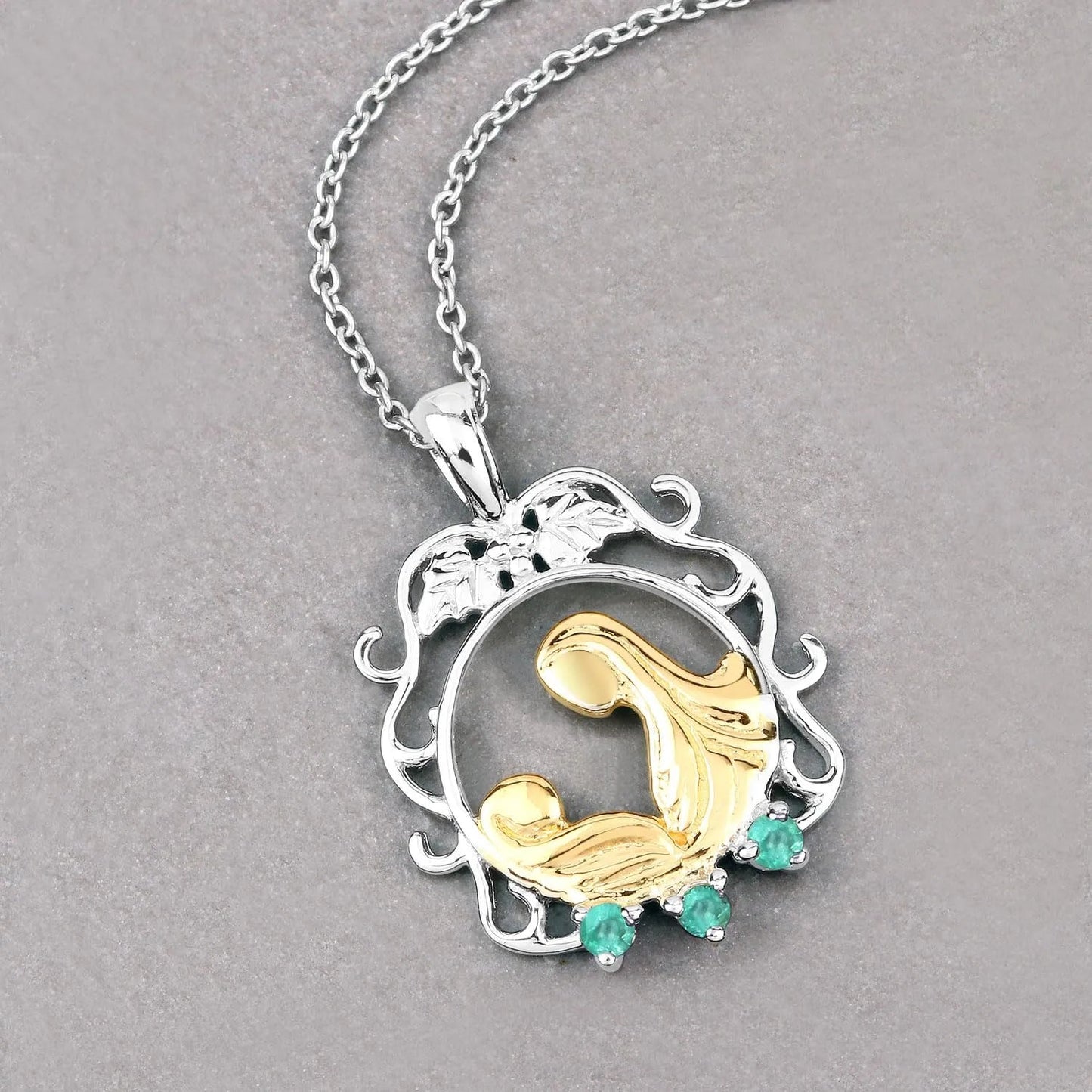 Round Green Emerald Prong Silver Pendant Necklace