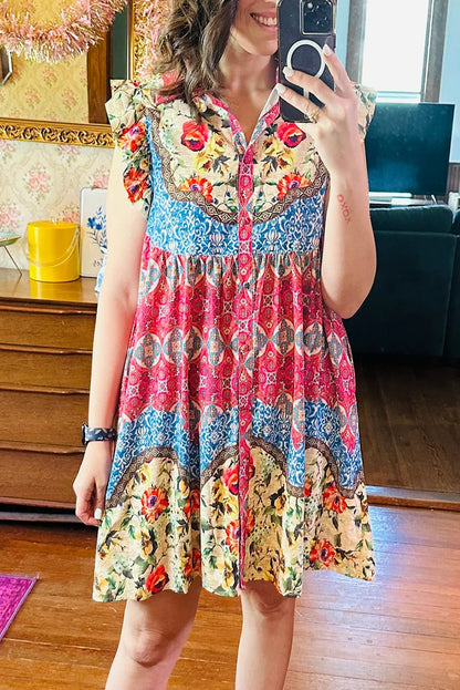 Threaded Pear Dior Floral Mixed Pattern Buttoned Dress