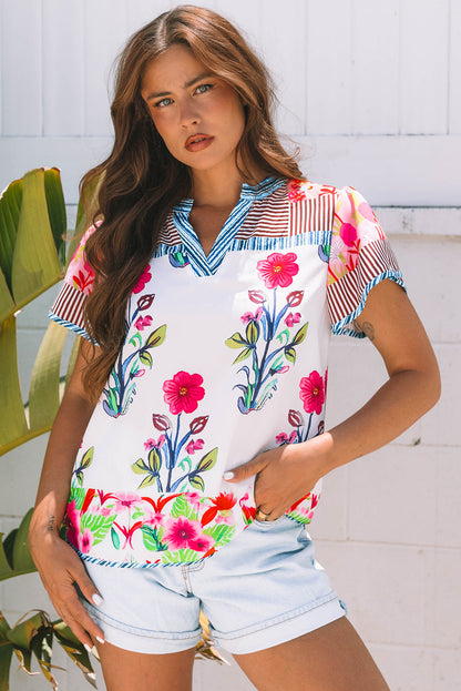 Threaded Pear Maya Floral Striped Split Neck Blouse