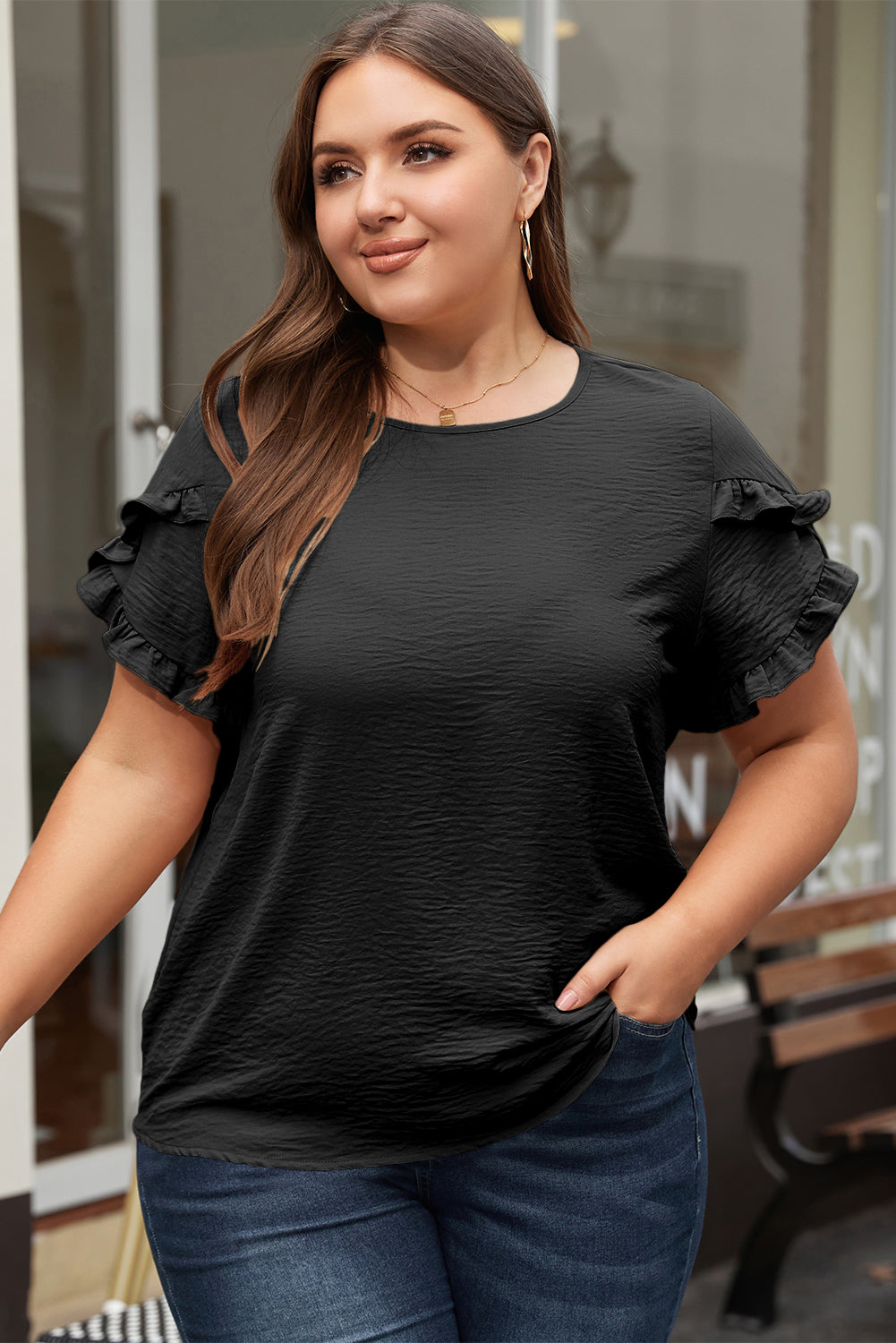 Threaded Pear Paulina Ruffled Short Sleeve Plus Size Top