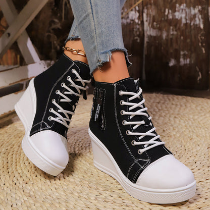 Women's Canvas Wedge Platform Lace-Up Sneakers