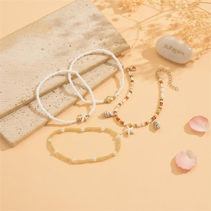 Howlite & Shell Resin Goldtone Shell Charm Stretch Anklet Set
