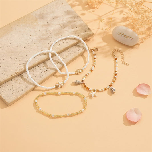 Howlite & Shell Resin Goldtone Shell Charm Stretch Anklet Set