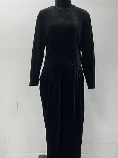 Women's Velvet Mock Turtleneck Chevron-Seam Fitted Bodice Balloon-Leg Jumpsuit