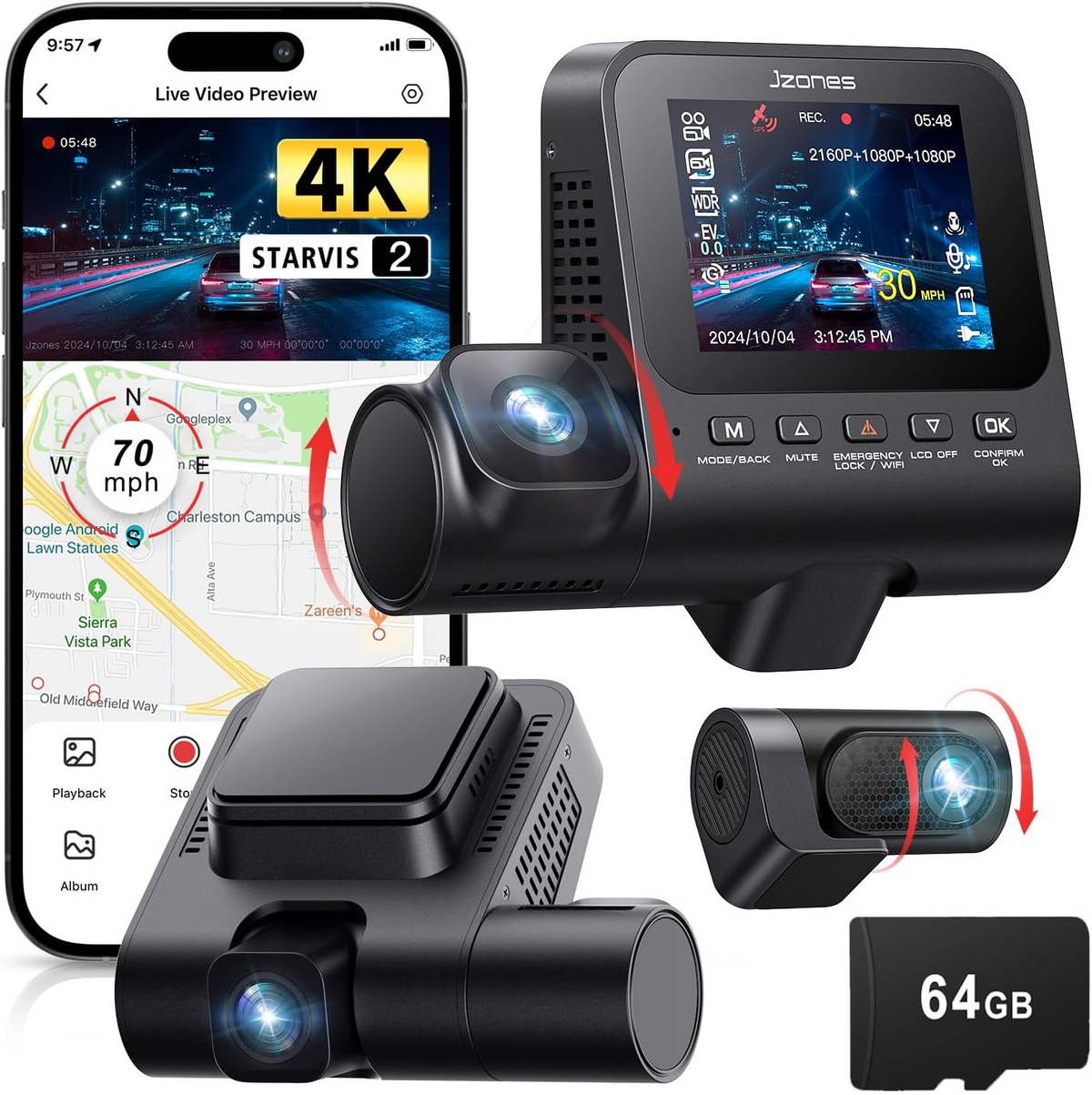 JZONES 4K STARVIS 2 Dual Dash Cam Front and Rear