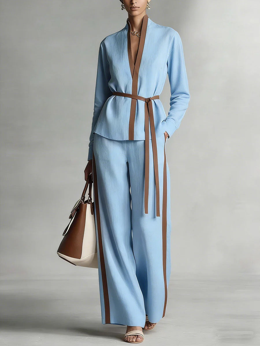 Women’s Patchwork Cardigan & Wide Leg Pants Two Piece Set