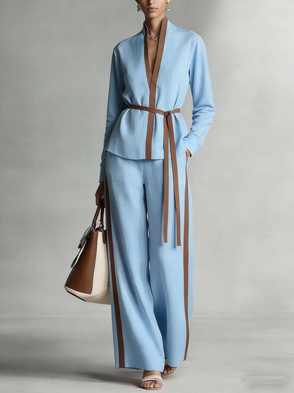 Women’s Patchwork Cardigan & Wide Leg Pants Two Piece Set