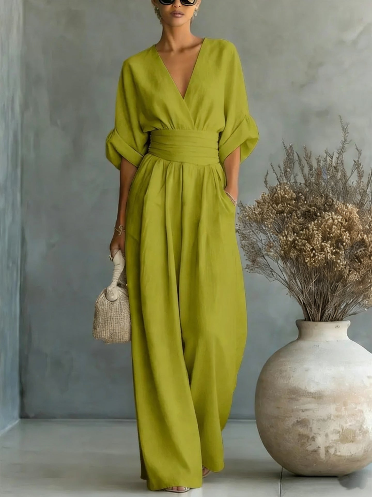 Women's V-Neck Wide-Leg Jumpsuit – High Waist Pleated Elegant