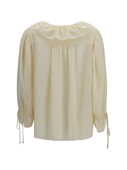 Shirt Ruffled V-Neck Pristine White Silk
