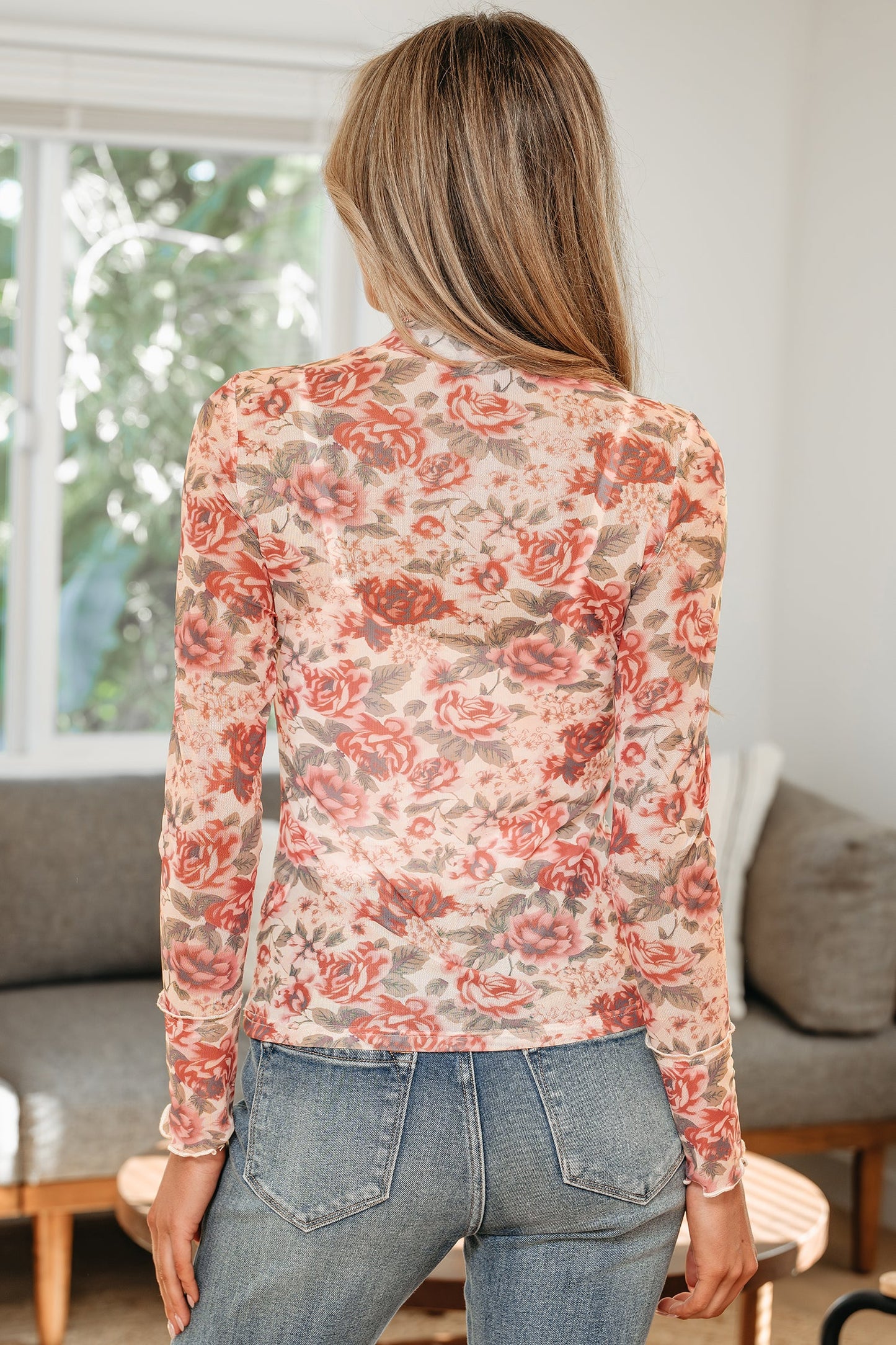 Threaded Pear Aniyah Print Mock Mesh Long Sleeve Top