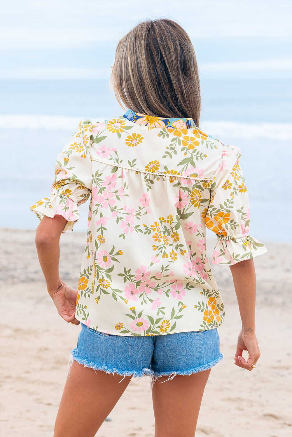 Threaded Pear Gwen Crochet V Neck Boho Floral Blouse