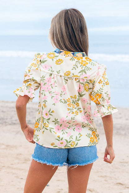 Threaded Pear Gwen Crochet V Neck Boho Floral Blouse