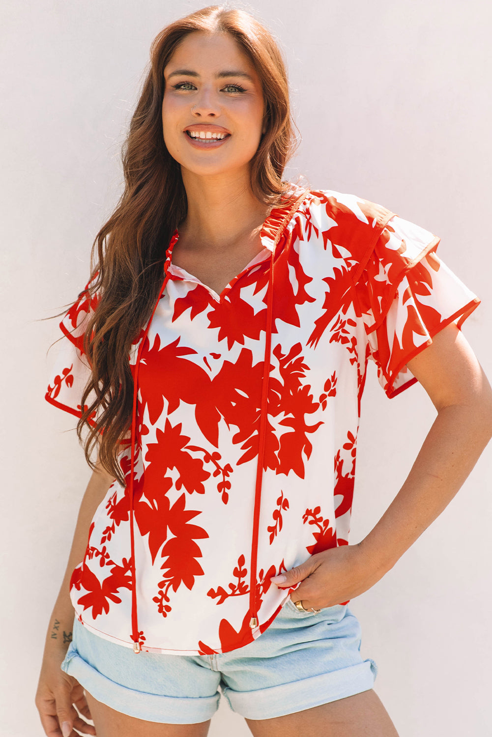 Threaded Pear Zoya Tiered Ruffled Sleeve V Neck Blouse