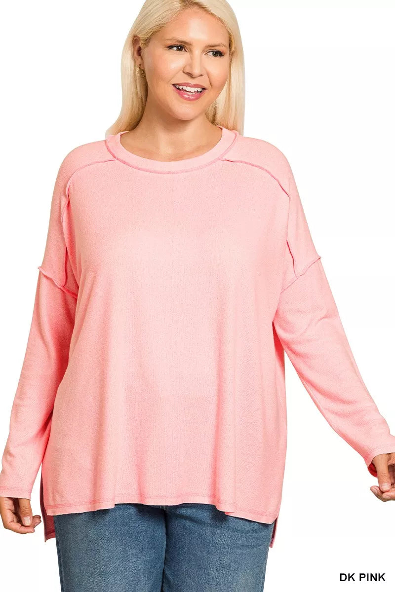 Zenana Full Size Melange Hacci Exposed Seam Hi-low Tee Plus Size