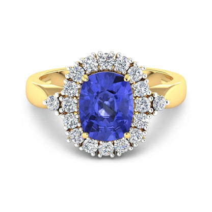 2.02 Ct Cushion Violet Tanzanite & Lab Grown Diamond Prong 14K Gold Halo Ring