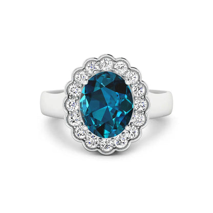 Genuine London Blue Topaz and White Diamond Halo Ring