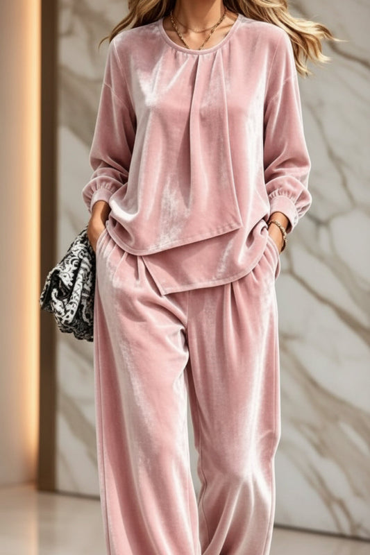 Women's Velvet Center-Pleat Relaxed Top & Wide-Leg Pants Set