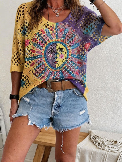 Women's Batwing-Sleeve Sweater – Hollowed-Out 3D Knitted Print Relaxed Fit