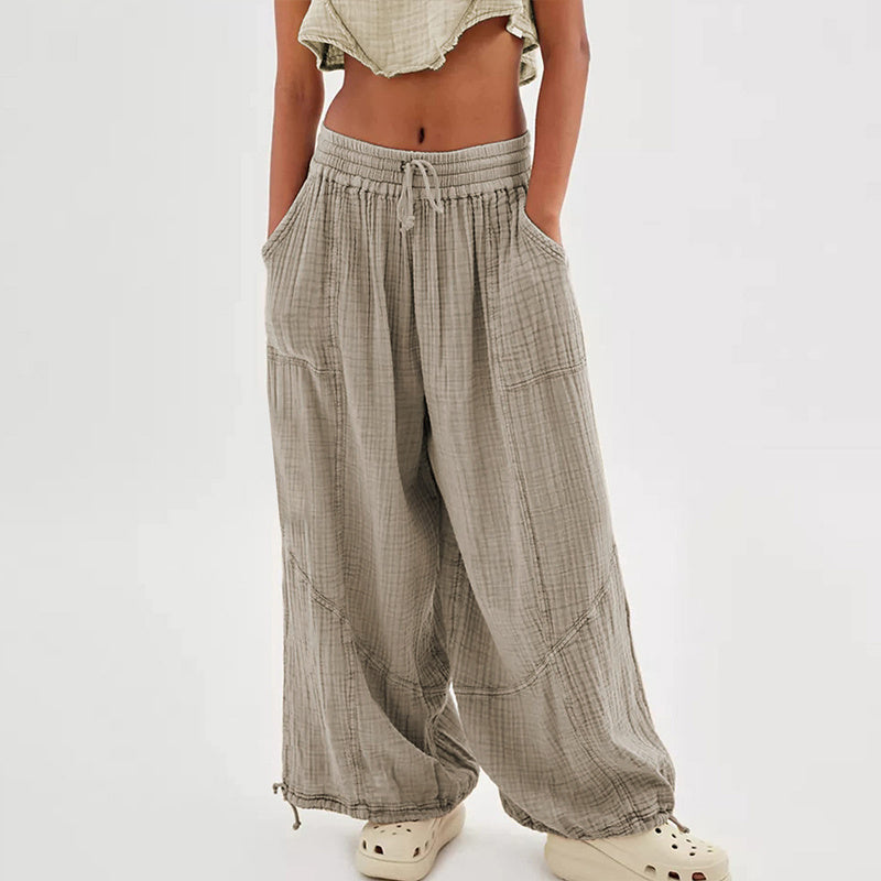 Women’s Solid Color Wide Leg Pants – Elastic Drawstring Waist and Side Pockets