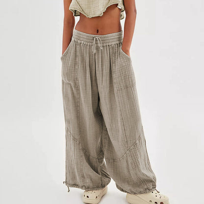Women’s Solid Color Wide Leg Pants – Elastic Drawstring Waist and Side Pockets