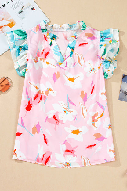 Threaded Pear Quincy Floral Patchwork Flutter Sleeve Blouse