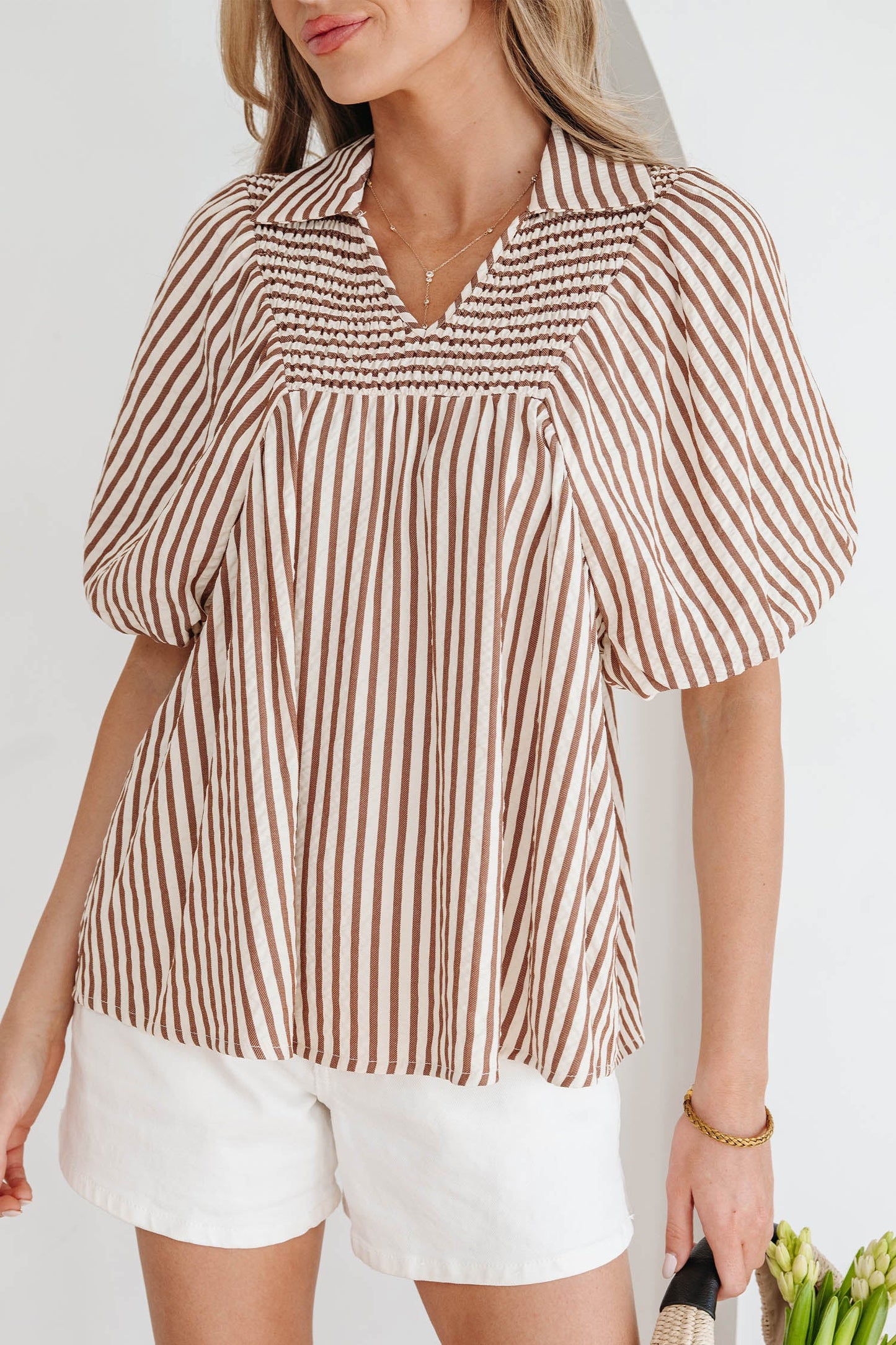 Threaded Pear Lina Short Puff Sleeve Blouse