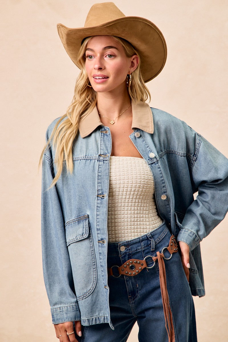 BiBi Washed Denim Contrast Collar Jacket