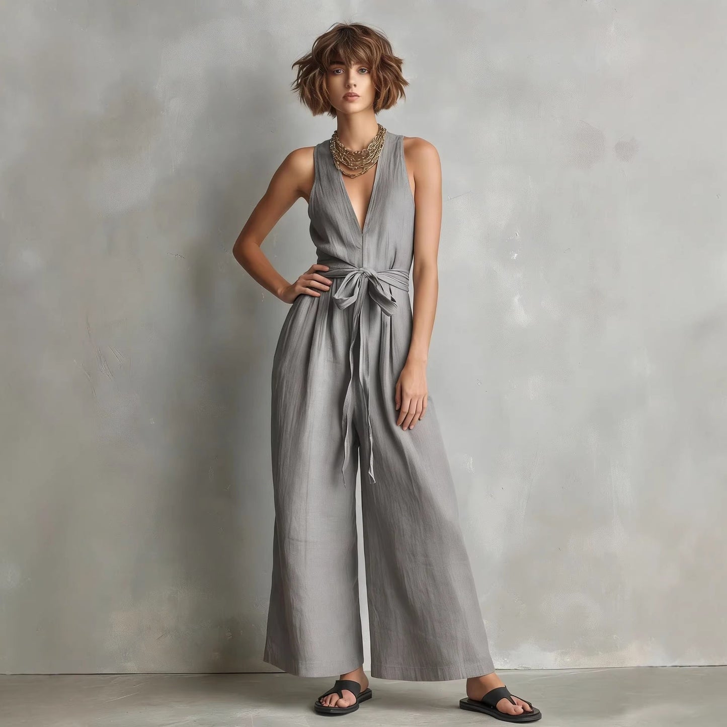 Women's Elegant V-Neck Sleeveless Commuter Jumpsuit
