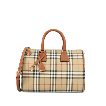 Beige Check Pattern Top Handle Bag