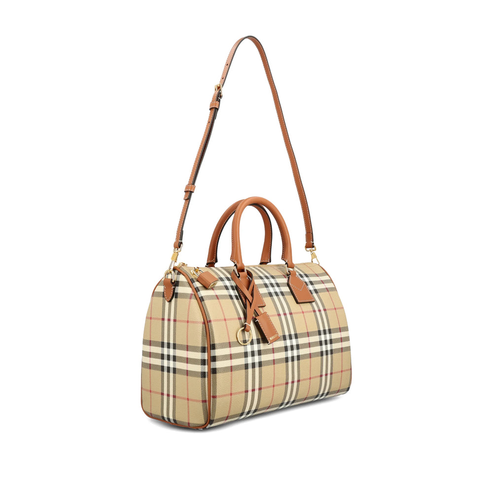 Beige Check Pattern Top Handle Bag