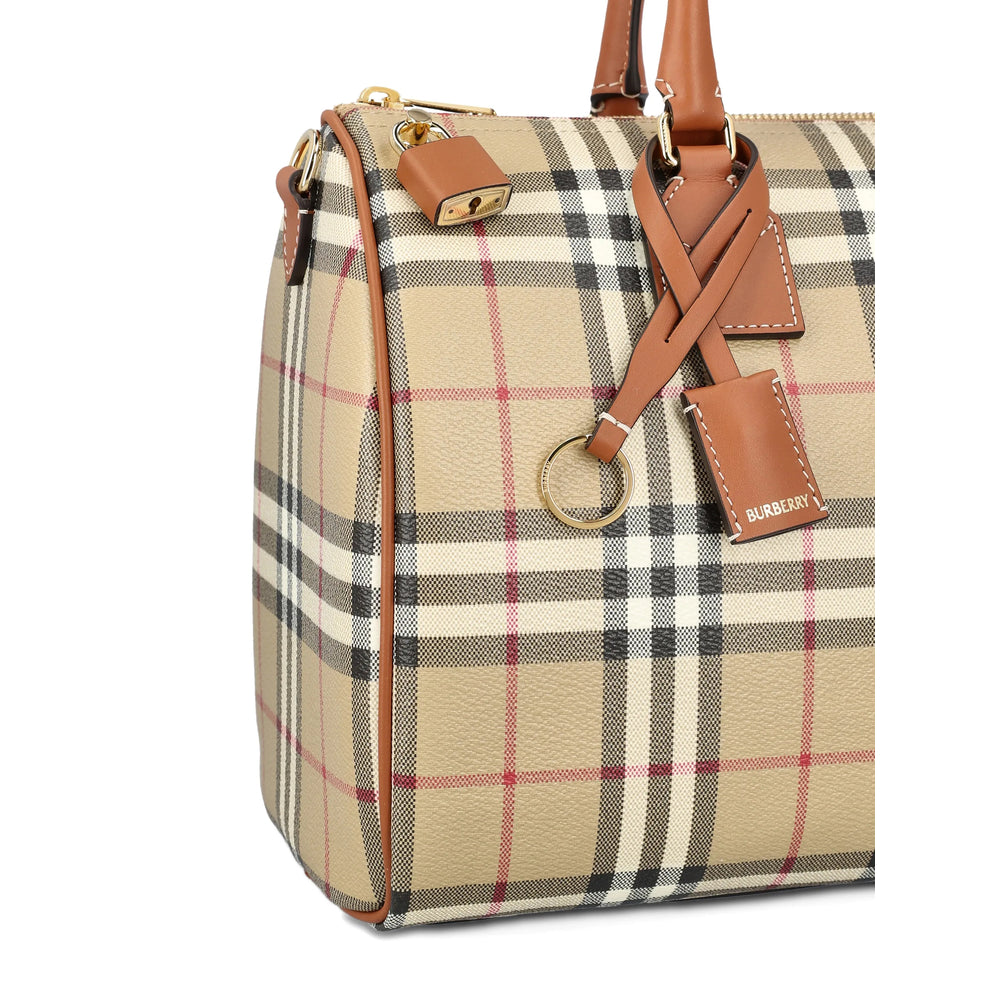 Beige Check Pattern Top Handle Bag