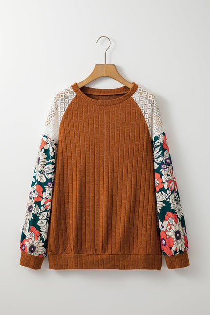 Threaded Pear Bailey Patchwork Long Sleeve Ribbed Blouse