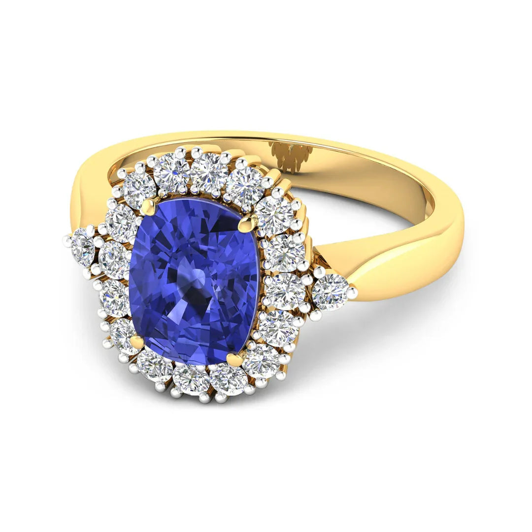 2.02 Ct Cushion Violet Tanzanite & Lab Grown Diamond Prong 14K Gold Halo Ring