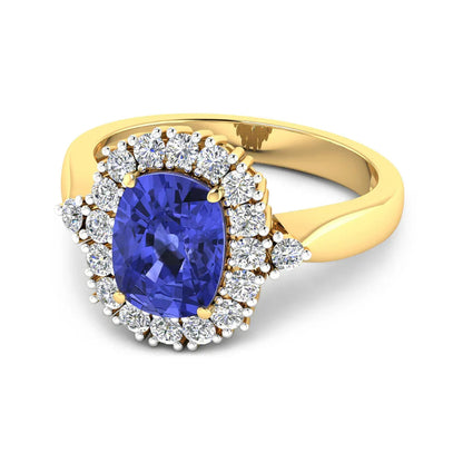 2.02 Ct Cushion Violet Tanzanite & Lab Grown Diamond Prong 14K Gold Halo Ring
