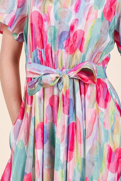 Lime 'N' Chili Watercolor Print Tie Front Midi Dress