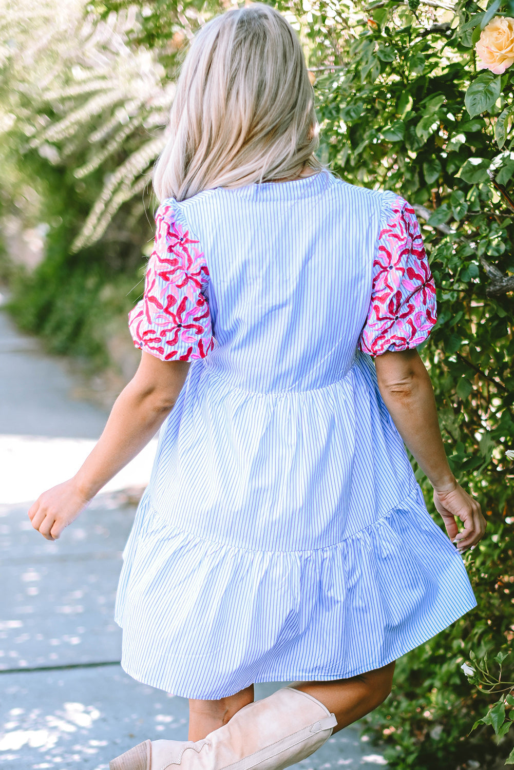 Threaded Pear Kori Stripe Contrast Floral Puff Sleeve Tiered Ruffle Dress