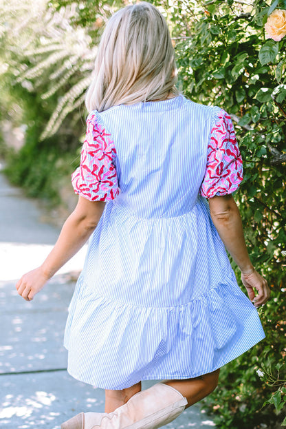 Threaded Pear Kori Stripe Contrast Floral Puff Sleeve Tiered Ruffle Dress